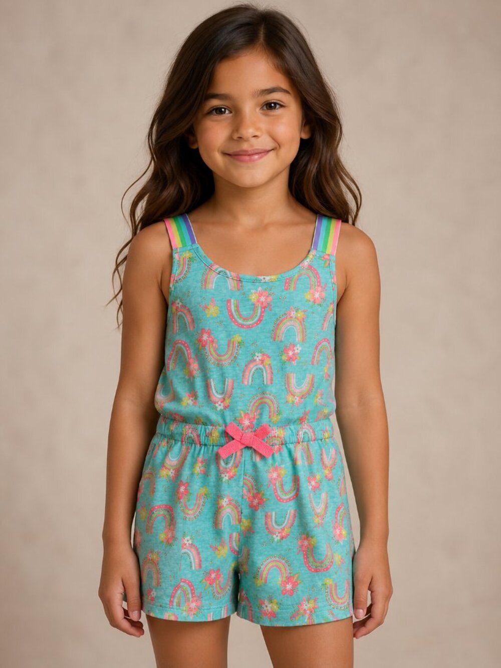 Cynthia Rowley Girls Rainbow Floral Romper Aqua Gold Glitter Size 7/8